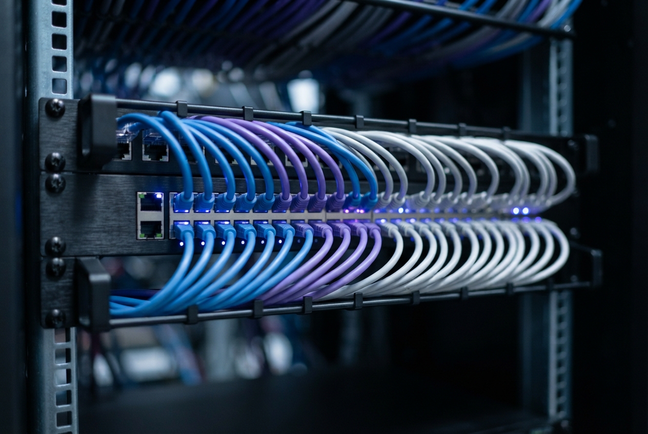 Network rack with rows of blue, purple, and white Ethernet cables connected to illuminated ports.
