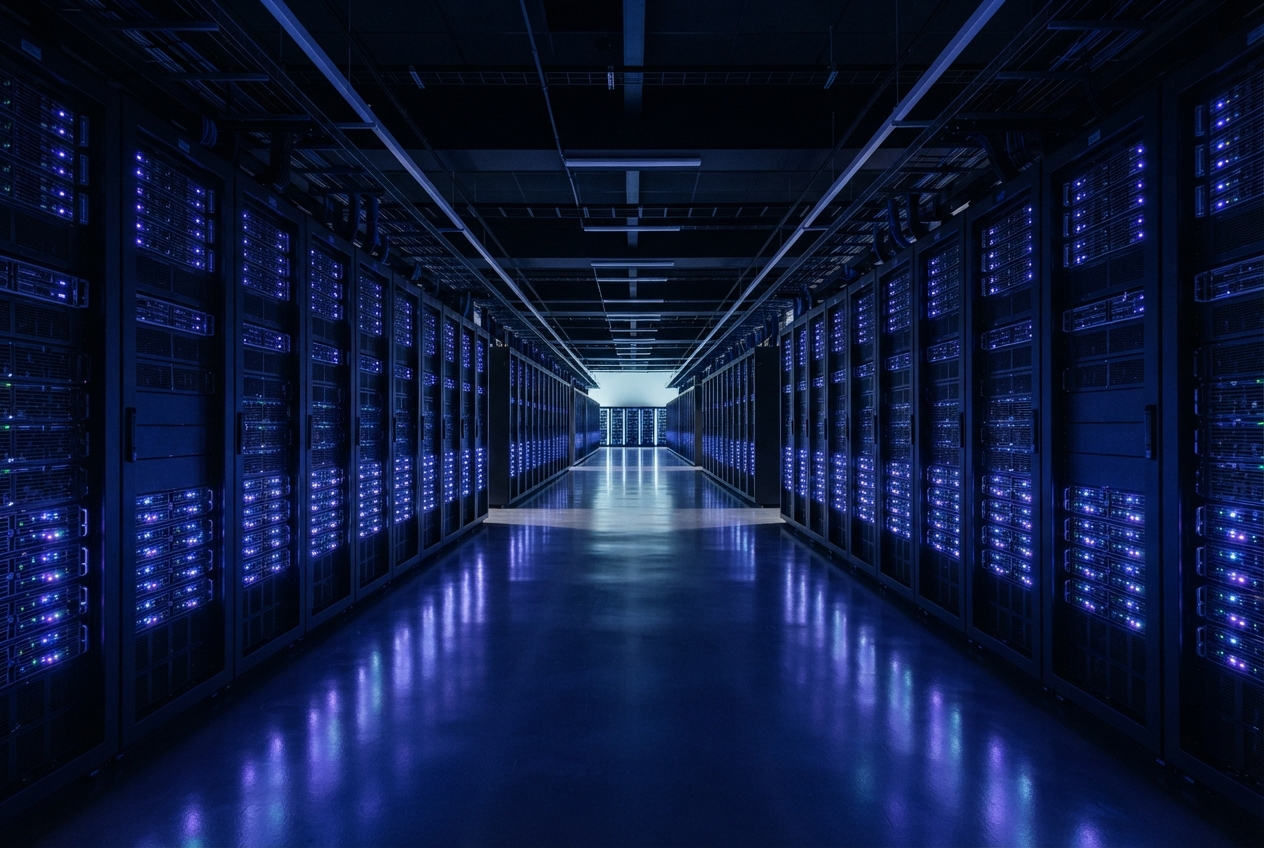 Symmetrical blue-lit data center aisle lined with glowing server racks and reflective flooring.