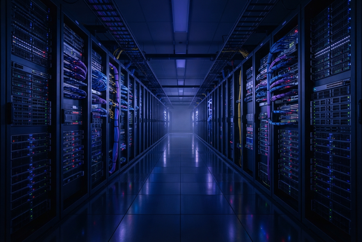 Blue-lit server racks line a reflective aisle in a data center.