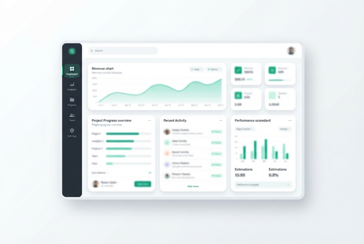 Analytics dashboard with sidebar navigation, revenue area chart, progress bars, activity list, and performance bar chart.