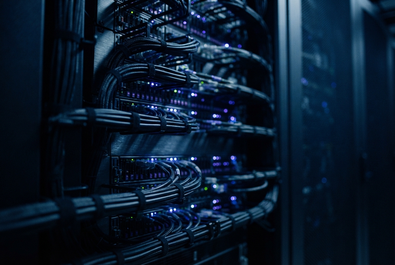 Server rack with bundled cables and blue and purple indicator lights in a dark room.