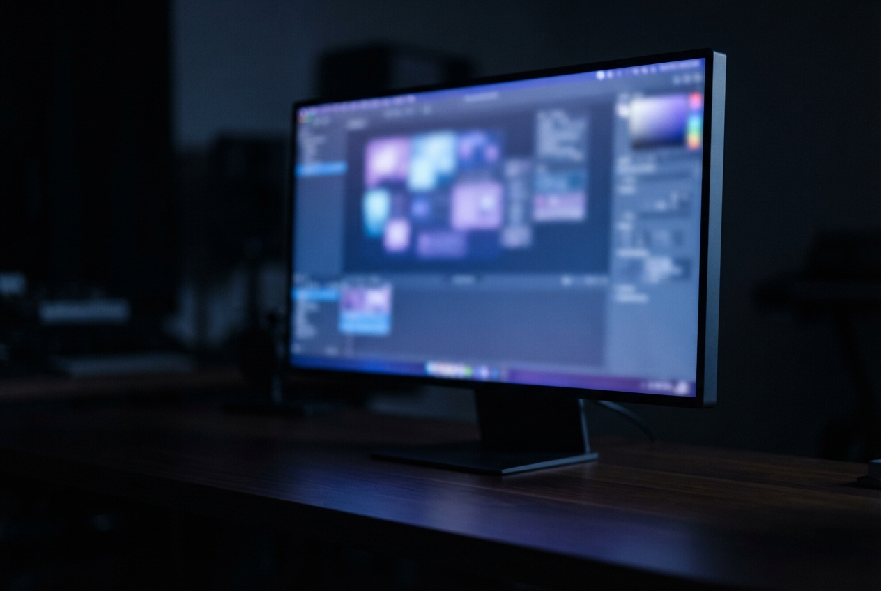 Computer monitor displaying a blurred image-editing interface on a desk in a dark room.