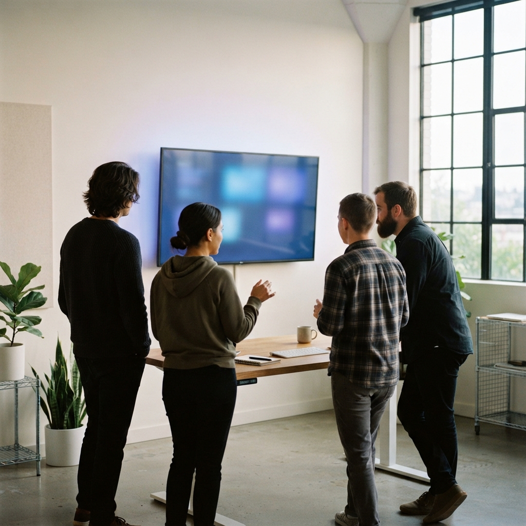 Four coworkers discuss a blurred colorful presentation on a wall-mounted screen in a bright office.