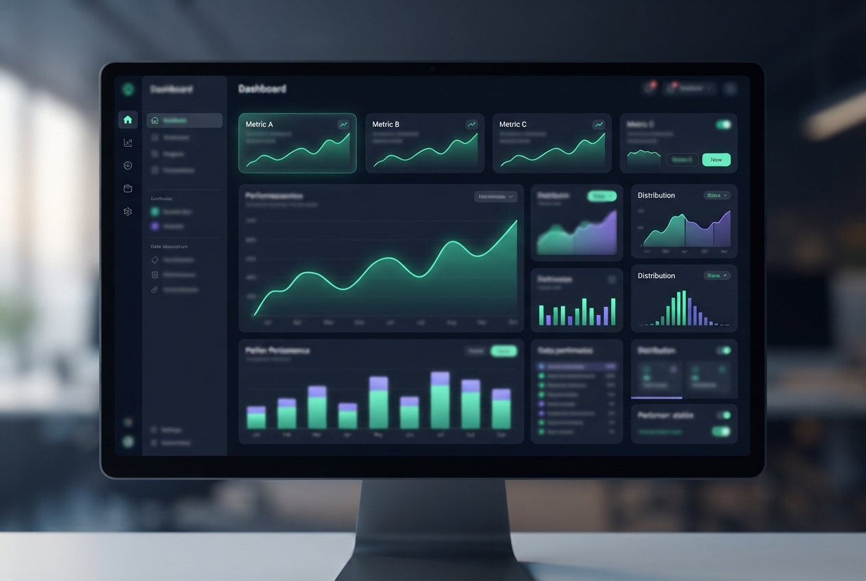 Dark analytics dashboard on a desktop monitor with glowing line, area, and bar charts.