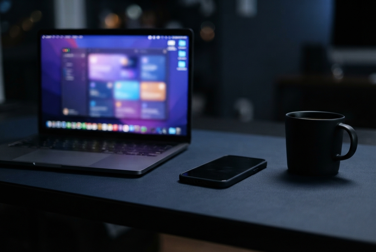 Laptop, smartphone, and black mug arranged on a dark table in a dim blue-lit room.