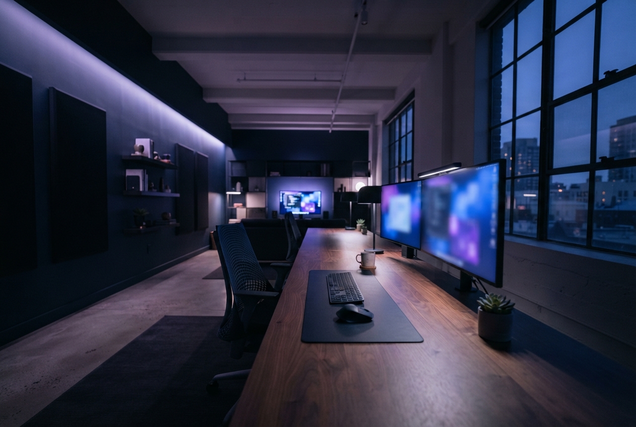 Dim modern office with dual monitors, a long wooden desk, chairs, plants, and city windows at dusk.