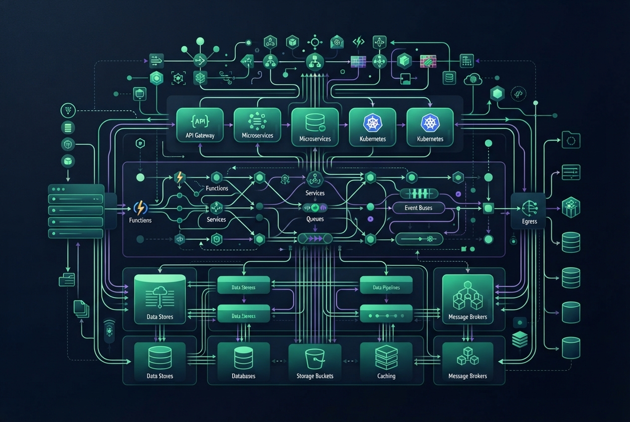 Futuristic cloud architecture diagram showing APIs, microservices, Kubernetes, functions, data pipelines, storage, and message brokers.