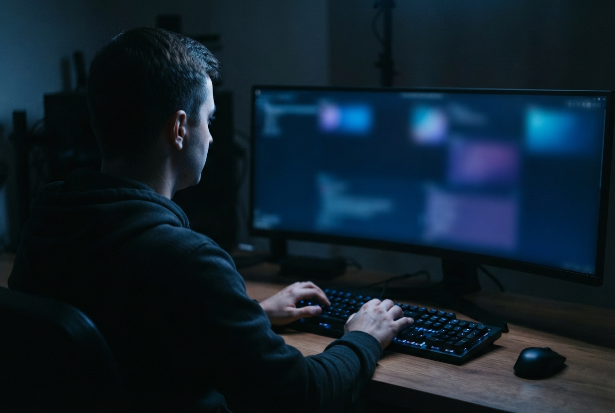 Man in a dark hoodie using a backlit keyboard at a desk facing a large monitor.
