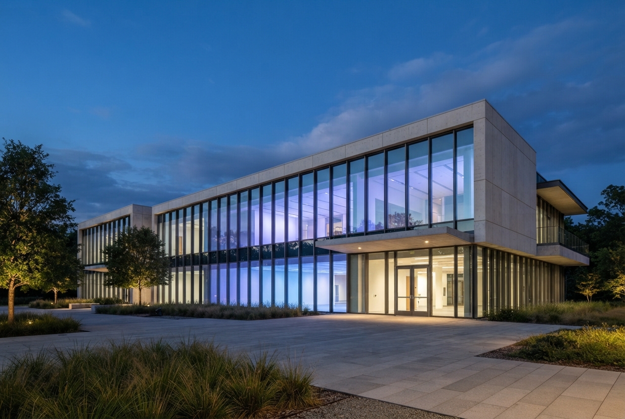 Modern glass-and-concrete building glowing blue and warm white at dusk, surrounded by landscaped paving and grasses.