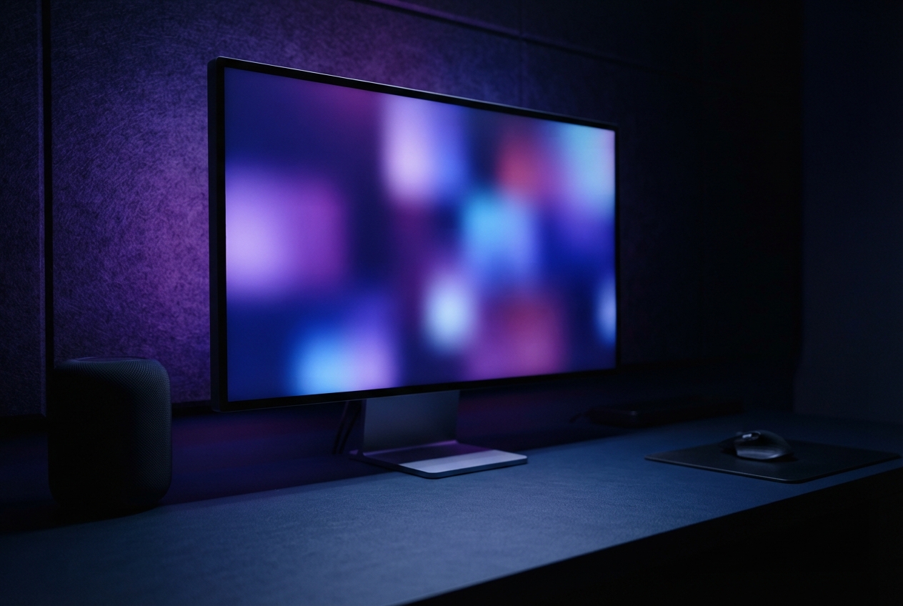 Dark desk setup with a large monitor showing blurred purple and blue colors, a speaker, and a mouse.