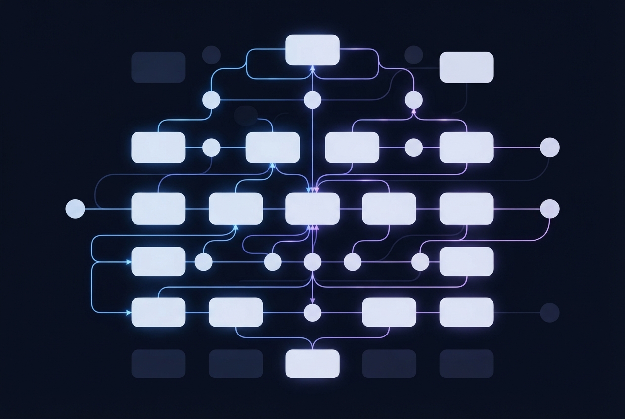 Tiered network flowchart with glowing blue and violet connectors on a dark background.