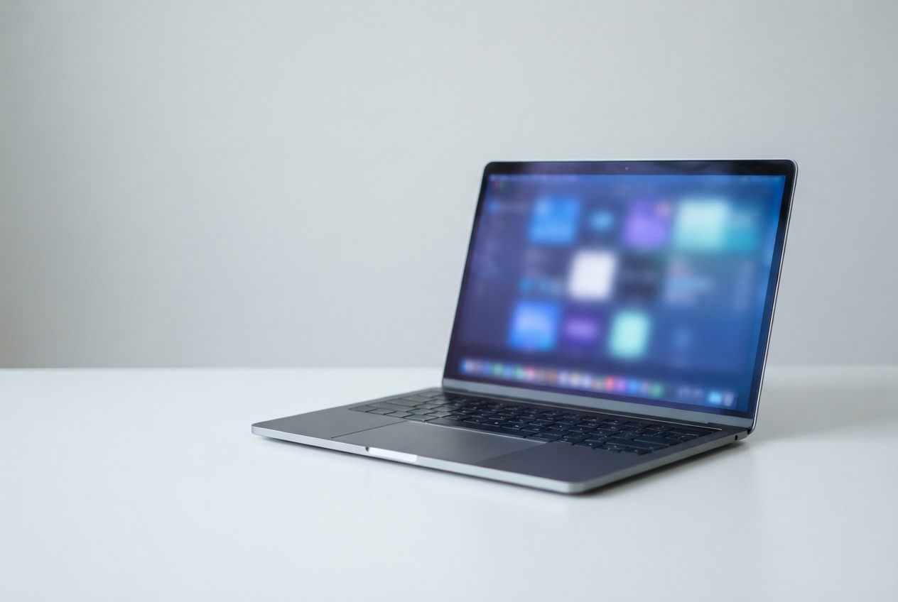 Open dark gray laptop with a blurred colorful screen on a white table against a light gray background.