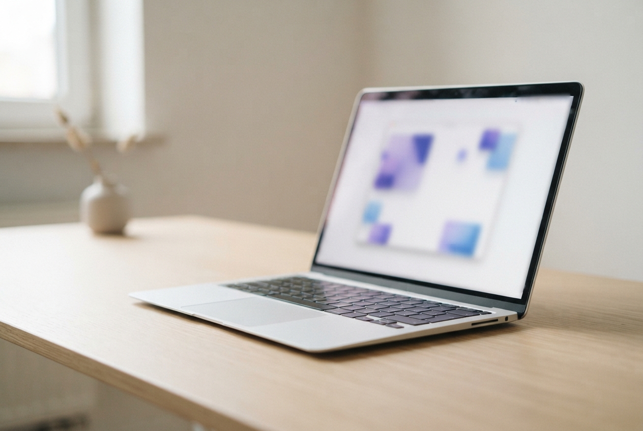Open silver laptop displaying blurred purple and blue blocks on a wooden desk.